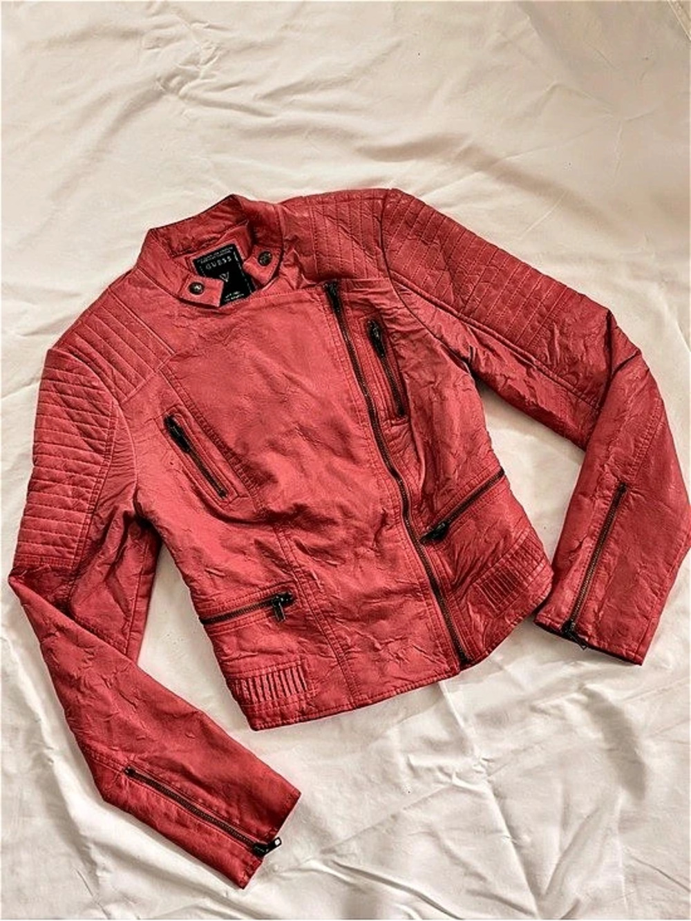 Guess Faux-Leather Quilted Moto Jacket Pink